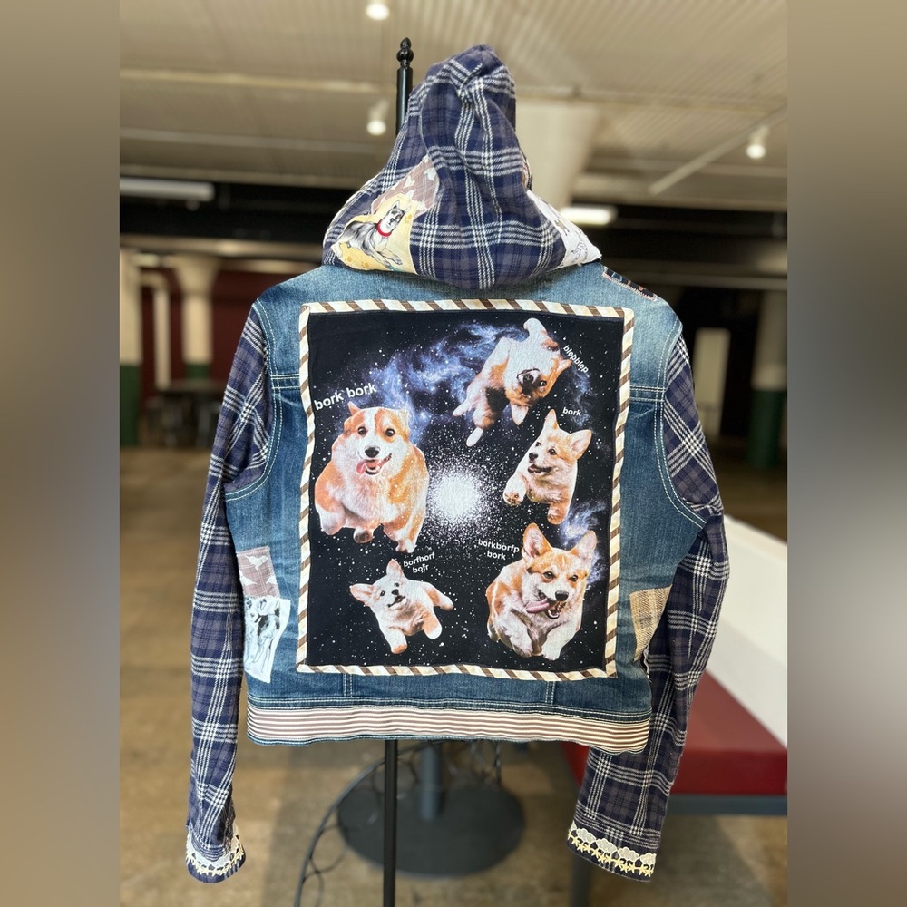 Dog Jean jacket upcycled patchwork collage